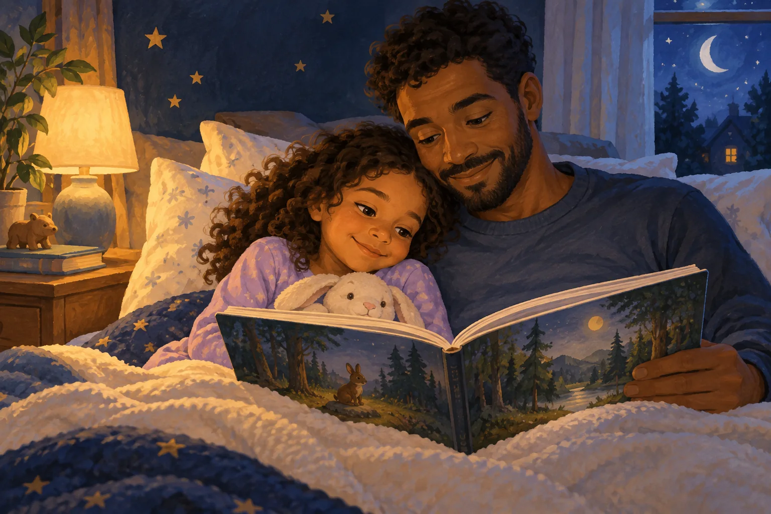 Parent and young child cuddling under a blanket with a picture book at bedtime