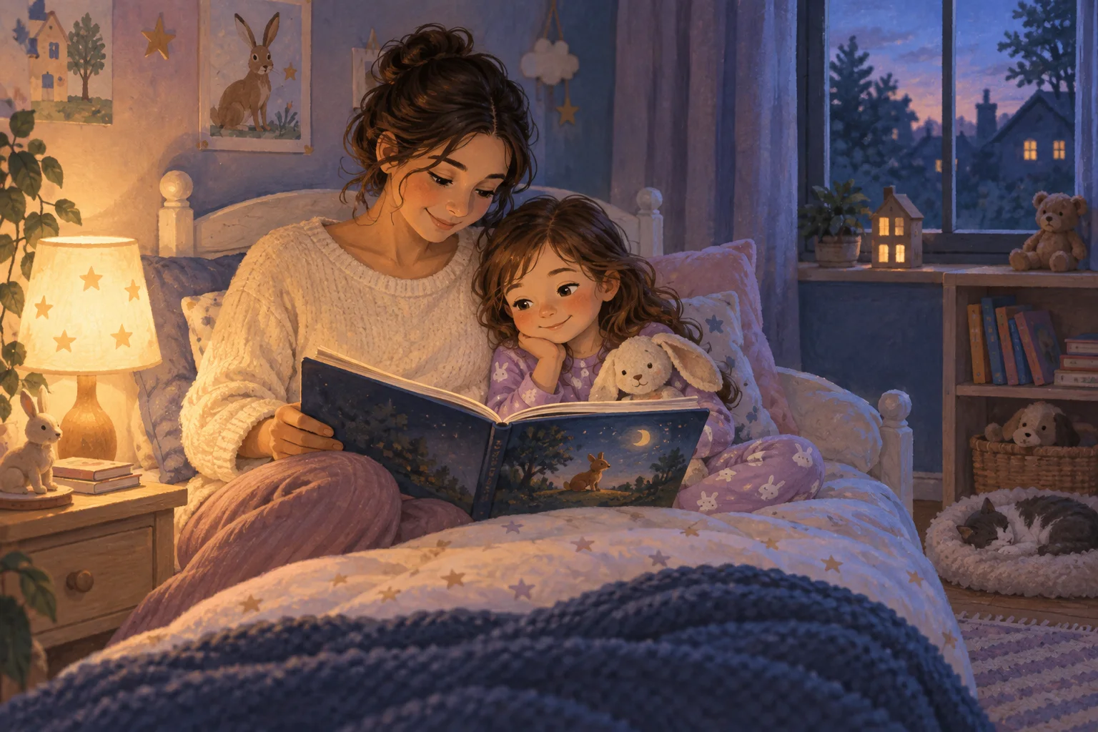 Illustration of a parent and young child sharing a picture book in a bedroom lit by a warm bedside lamp